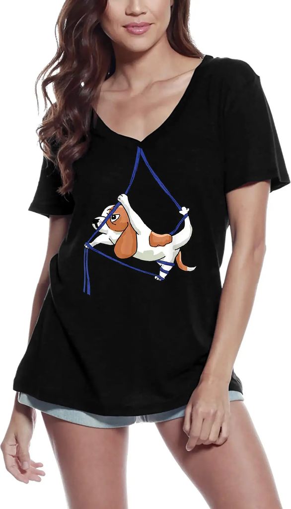 Damen Grafik T-Shirt V-Ausschnitt Luftakrobatik Tänzerin Lustiger Hund - Meditation Yoga – Aerial Skills Dancer Funny Dog - Meditation Yoga
