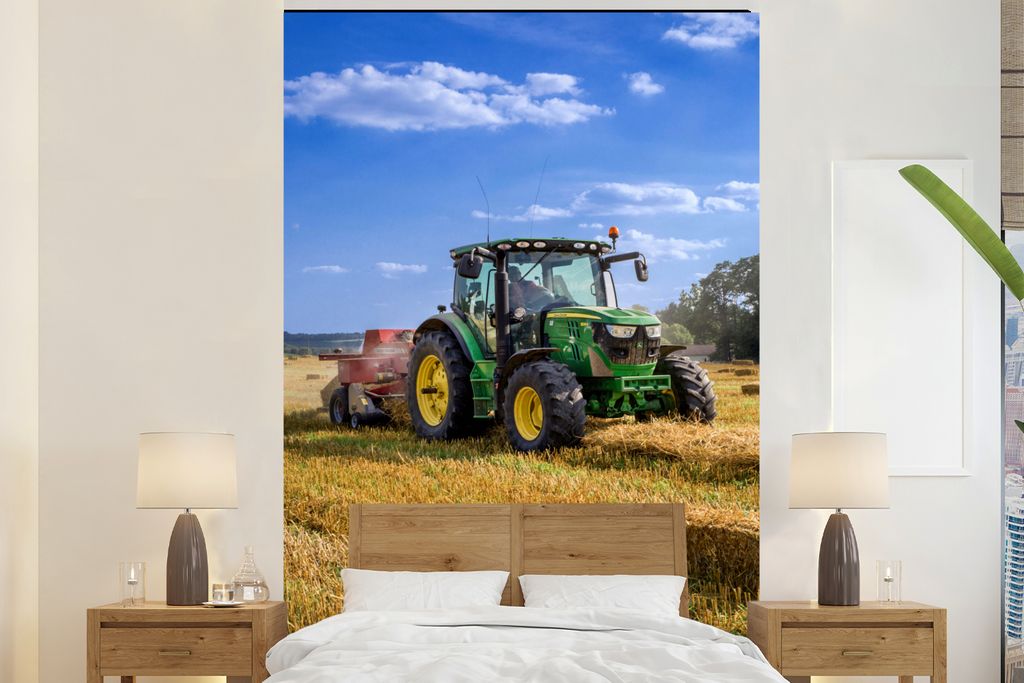 MuchoWow Fototapete für Wohnzimmer oder Schlafzimmer Wandtapete Vinyl Motivtapete Traktor - Bauernhof - Heu - Feld - Sonne - Landleben - 200x300...