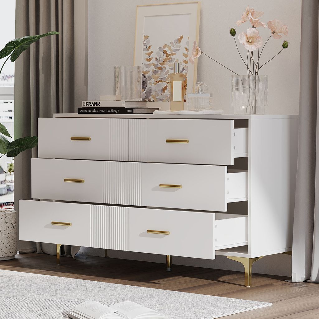 okwish Sideboard mit Goldene Füße,Kommode mit 6 Schubladen,Küchenschrank für Wohnzimmer und Schlafzimmer, Weiß