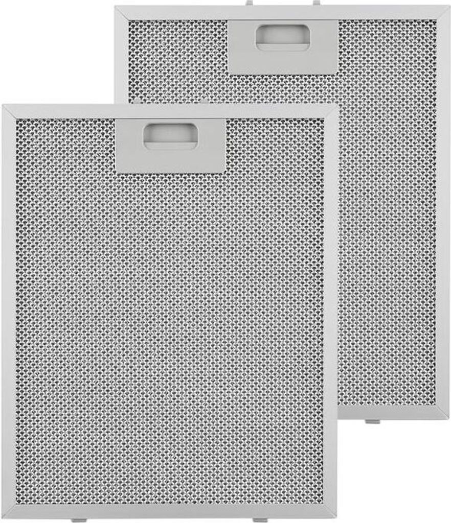 Two silver-colored metal mesh filters with handles, likely for a kitchen range hood, are shown against a white background.