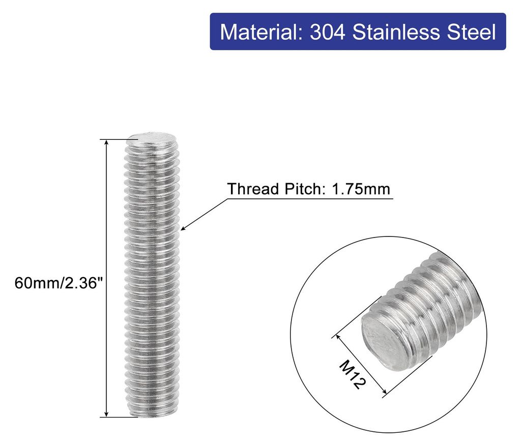 3 Stš¹ck Gewindestangen, M12 x 60mm, 304 Edelstahl, Gewindestab mit metrischem Vollgewinde, M12-1.75 Gewindestift fš¹r M?bel- und Maschinenmontage