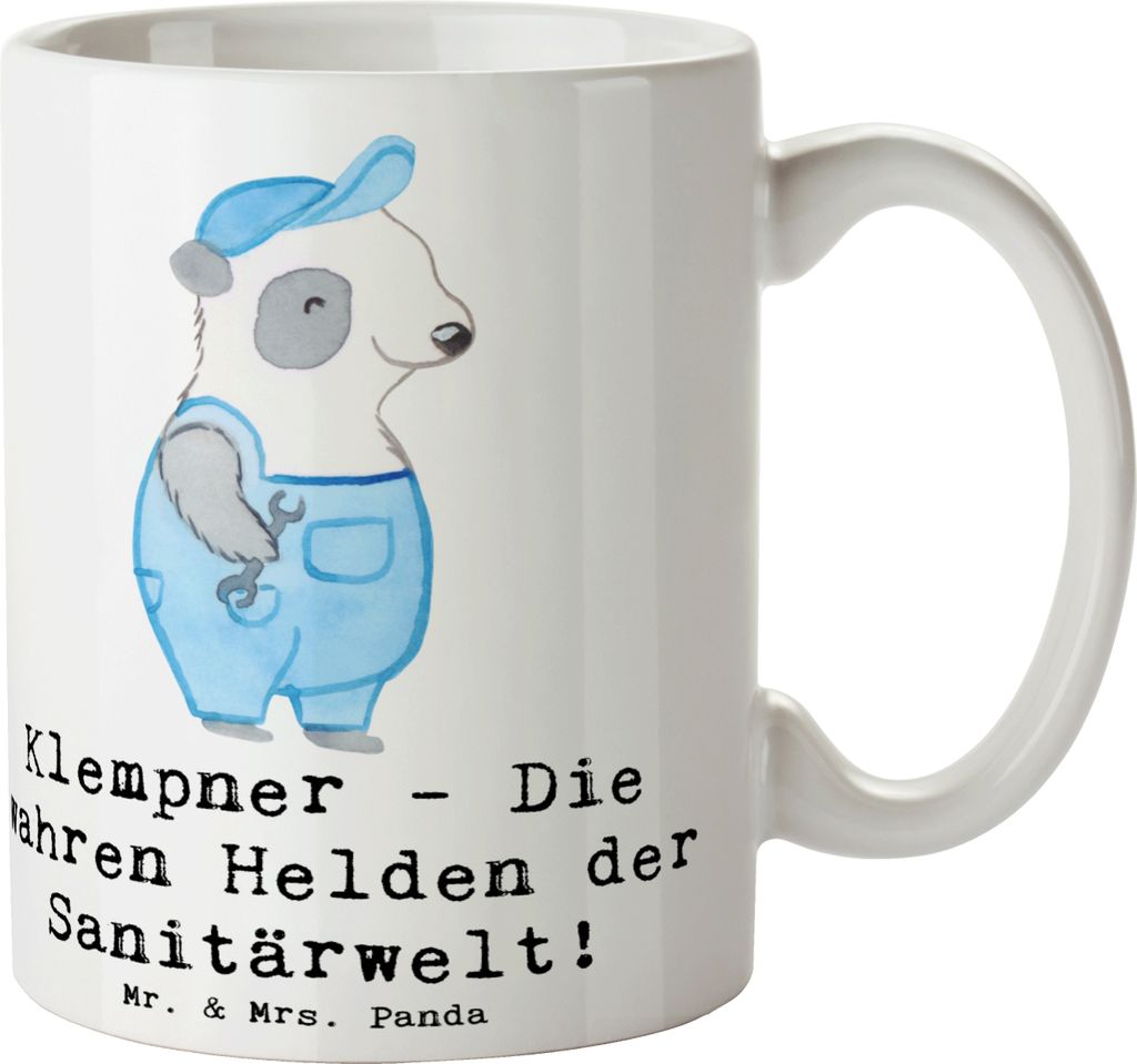 Mr. & Mrs. Panda Keramiktasse Klempner Helden - Weiß - Geschenk, Berufsehre, Kaffeebecher, Tasse, Freunde in der Not, Berufsalltag, Handwerker, Ka...