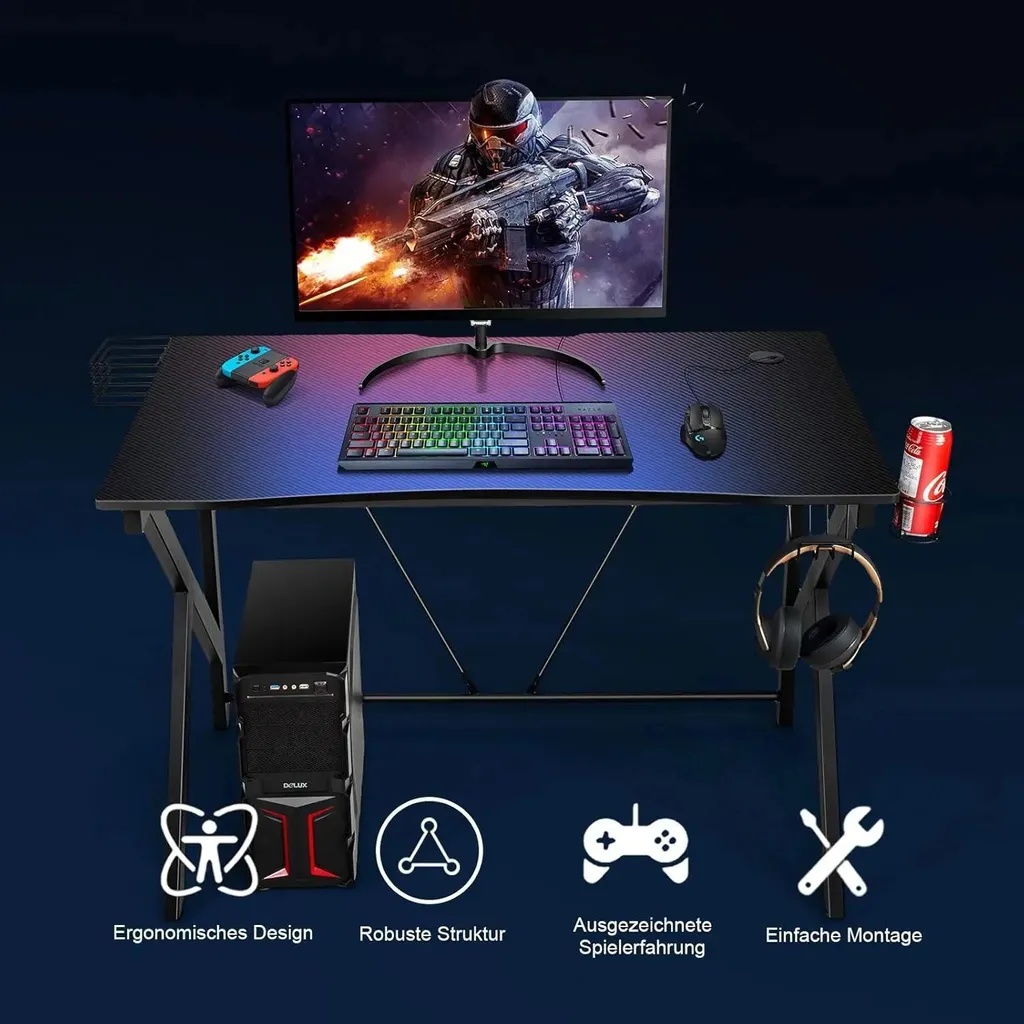 Bureau Gaming Ergonomique 115cm Noir : Setup Complet avec Support Écran