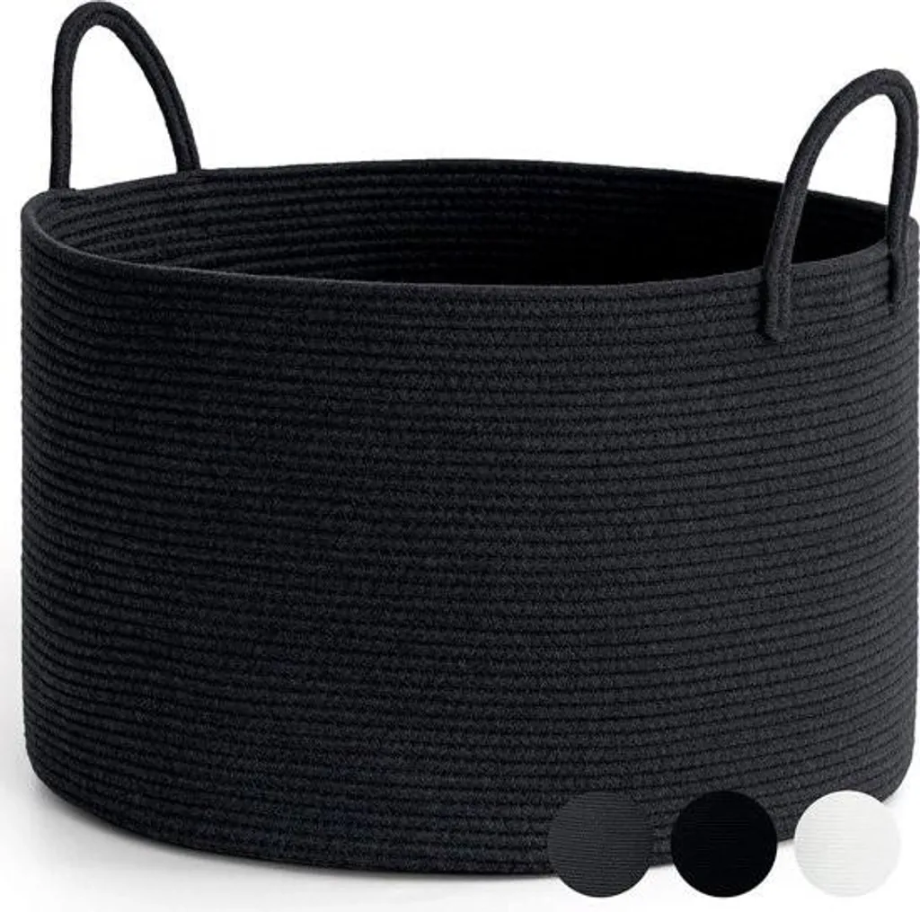 Grand panier de rangement rond noir en corde de coton pour la maison