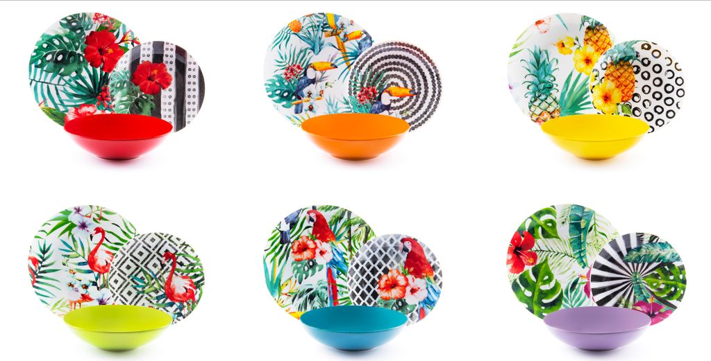 A collage of six different sets of plates and bowls, each with a unique tropical-themed design and a solid colored bowl.