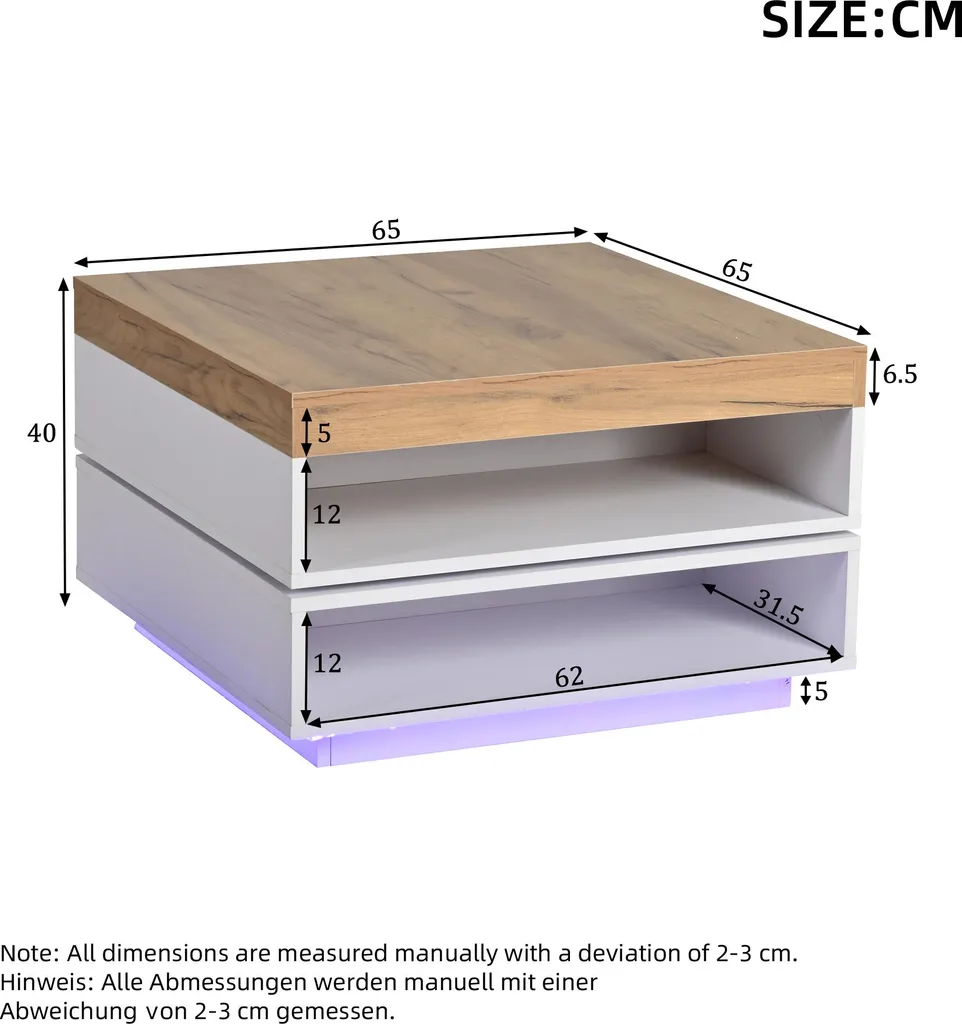 Table basse LED 65x65 chêne blanc pour petit salon - Pivotante