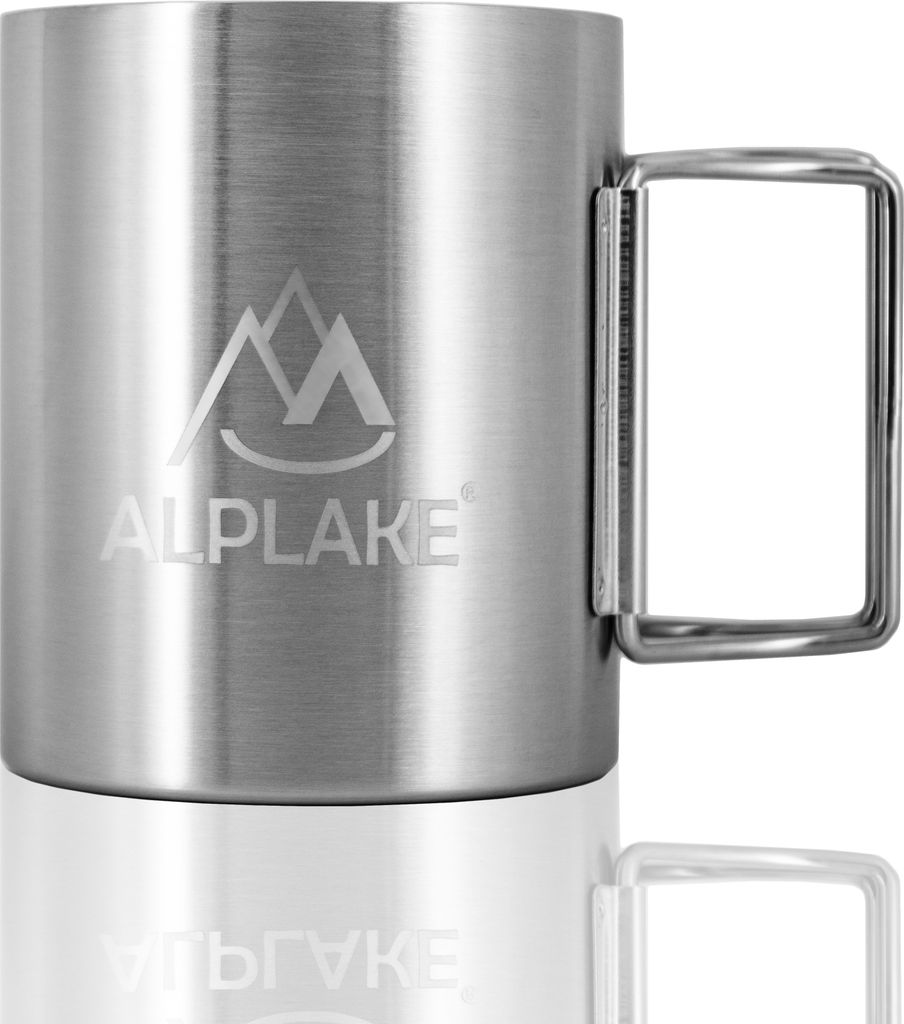 ALPLAKE Doppelwandige Edelstahl-Tasse, Metall-Becher, Klapp-Griff, 250 ml