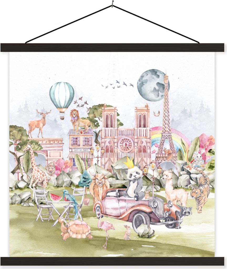 MuchoWow Textilposter Paris - Regenbogen - Kinder - Rosa - Mädchen - Tiere 40x40 cm mit schwarzem Rahmen - Fotos
