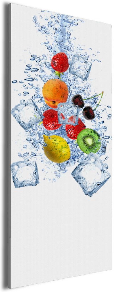 Wallario Premium Leinwandbild Obst-Eiswürfel-Mix im Wasser mit weißem Hintergrund in Größe 30 x 75 cm