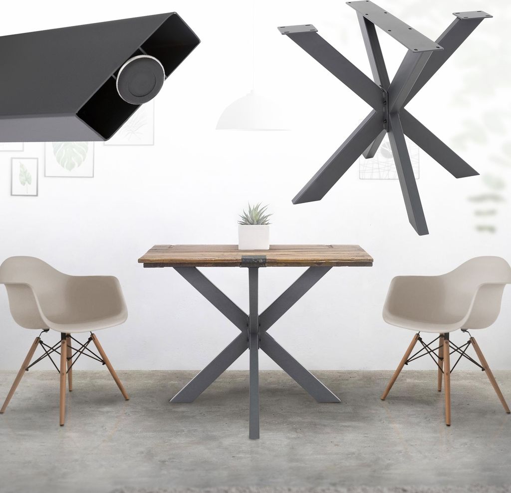 A collage of table legs and a table with chairs, set in a room.