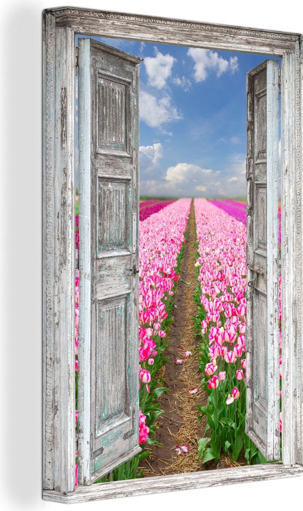 OneMillionCanvasses - Leinwandbilder - 90x140 cm, Blumen - Tulpen - Ansicht - Regenbogen, - Geöffnetes Fenster - Fensterblick Schlafzimmer Kunst...