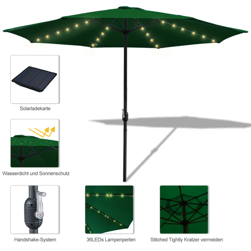 Clanmacy Ombrellone da 3 m Ombrellone da mercato con manovella UV30+ Ombrellone da esterno Terrazze con LED solare حGruen ح3m