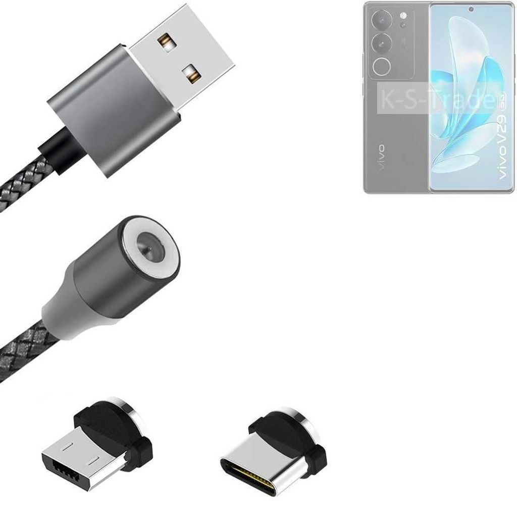 K-S-Trade Hochwertiges Magnet-Lade-kabel Sync-Kabel Daten-Kabel für Vivo V29 mit USB-Typ-C-Anschluss und Micro-USB-Anschluss 2A bis zu 480mbps