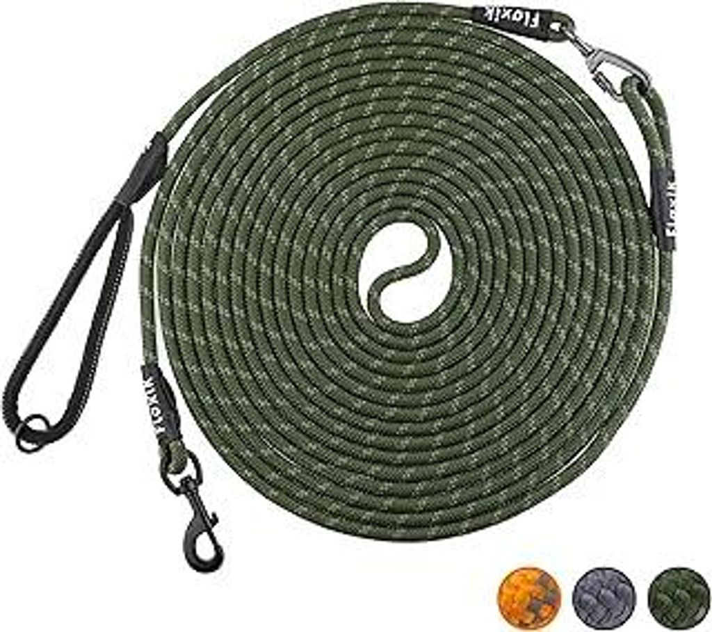 Floxik Schleppleine für Hunde | 5m, 10m, 15m, 20m grün | reflektierende Tauleine mit Abnehmbarer Handschlaufe | auch optimal als Trainingsleine f...