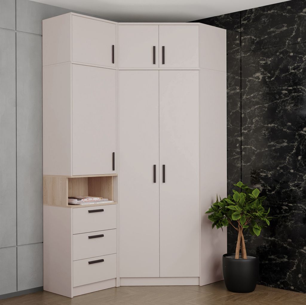 Design Möbel - Eckkleiderschrank Set Gustavo 12 – Eckschrank mit 40 cm Schrankerweiterung & Regal – Schlafzimmer & Kinderzimmer Möbel
