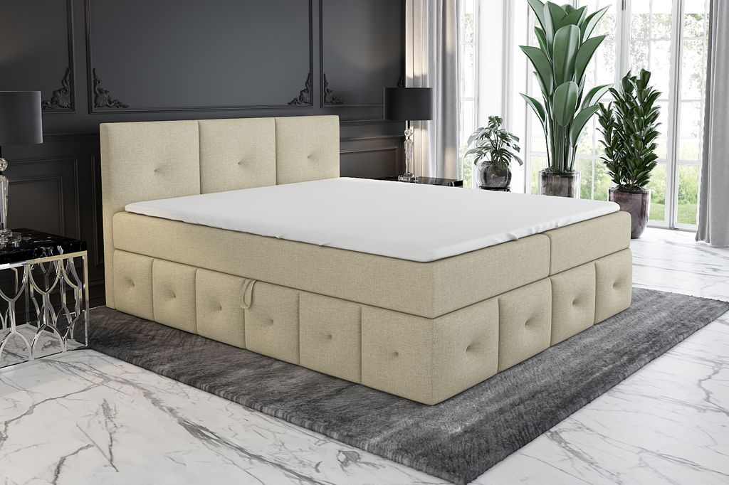 Boxspringbett BELLA 200x200 mit 2 Bettkästen, Bonell-Matratze und Topper. Farbe: Beige.