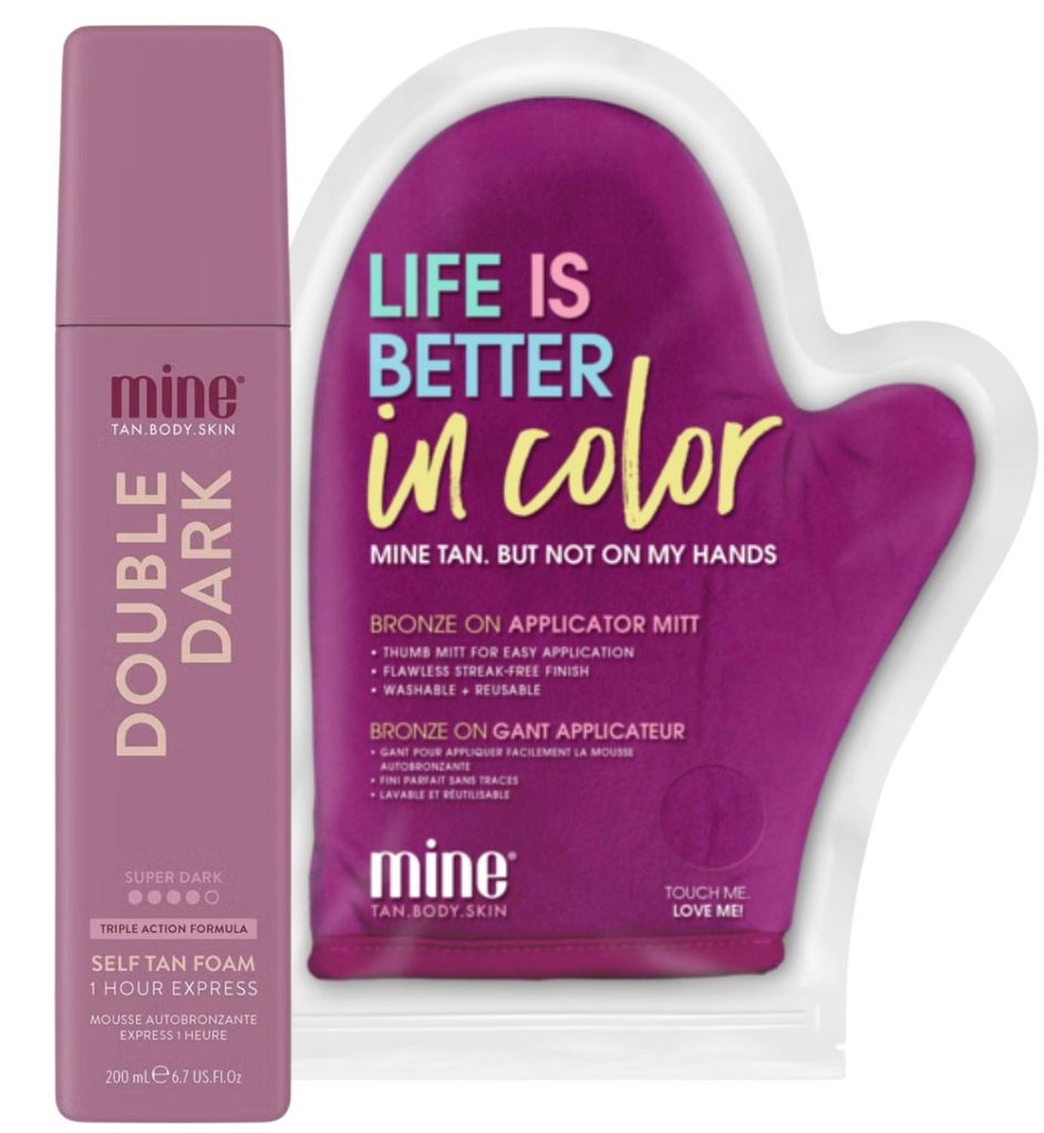 Minetan Double Dark Selbstbräunungsschaum 200 ml mit Handschuh, dunkle kühle Bräune für Gesicht und Körper
