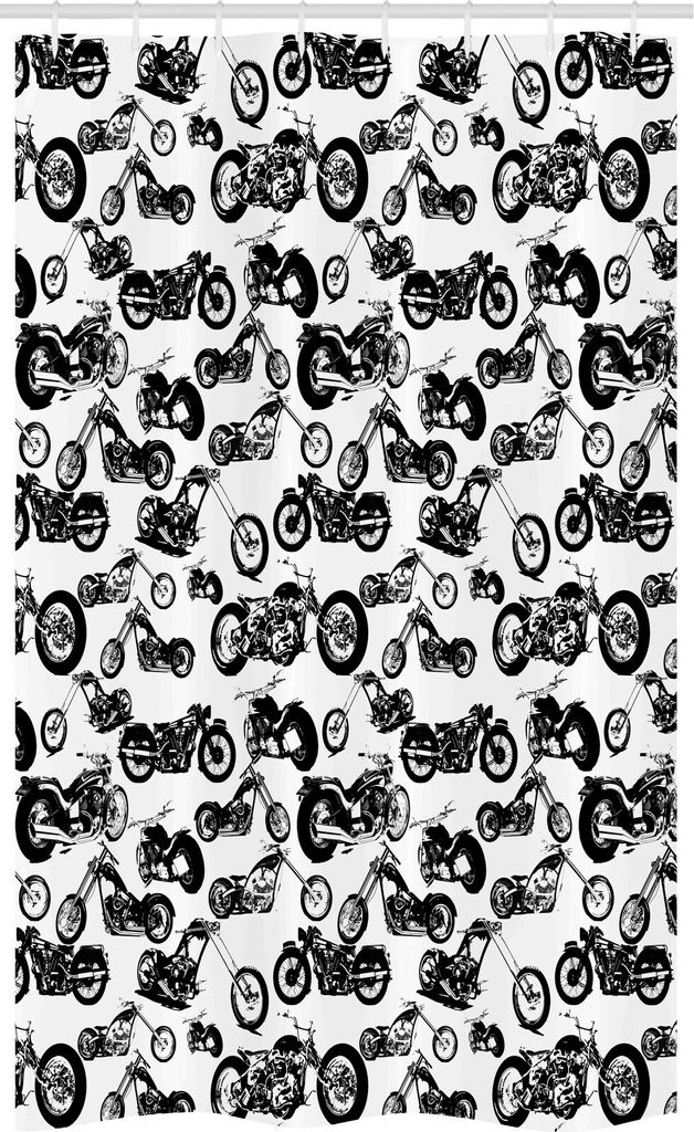 ABAKUHAUS Schwarz-Weiss Schmaler Duschvorhang, Alle Modelle aus Motorrad, Badezimmer Deko Set aus Stoff mit Haken, 120 x 180 cm, Weiß Schwarz