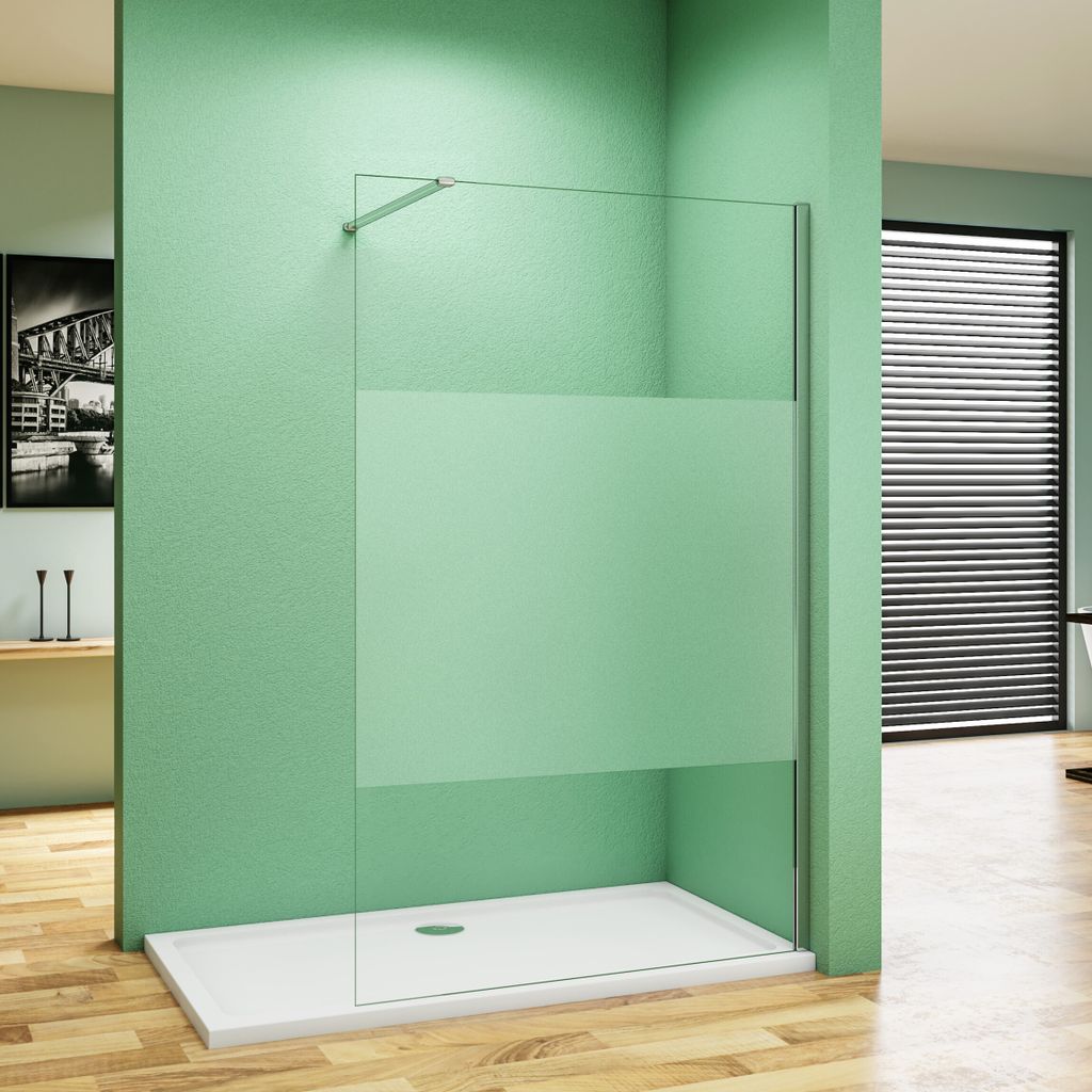 Walk in Duschkabine 85x200cm mit Befestigungsstange die Klemme N Form: 90cm Milchglasstreifen Duschabtrennung 8mm Nano ESG-Glas
