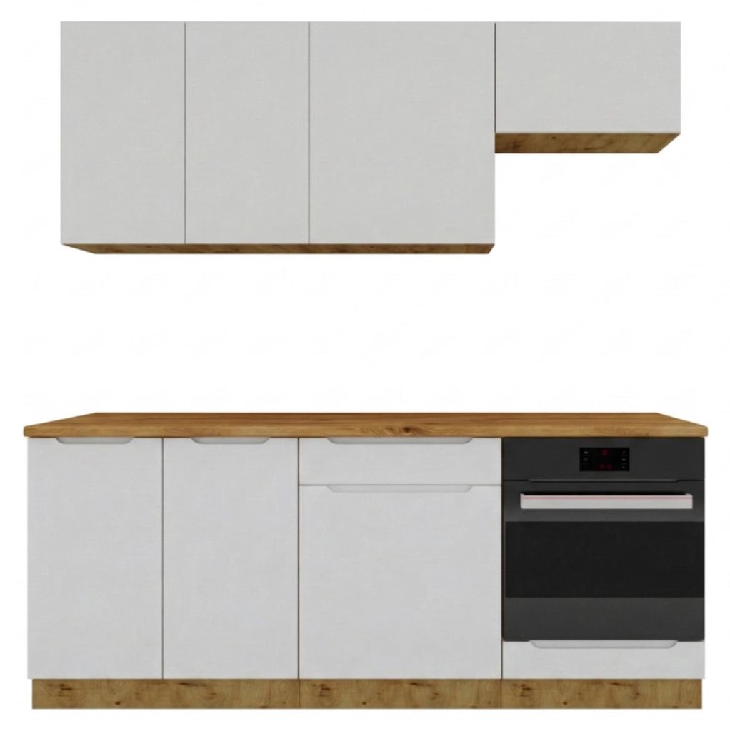Küchenzeile 200 cm Aschegrau - mit brauner Arbeitsplatte - MDF - moderne Küchenmöbel-Set - Schubladen mit Soft-Close - ISABEL