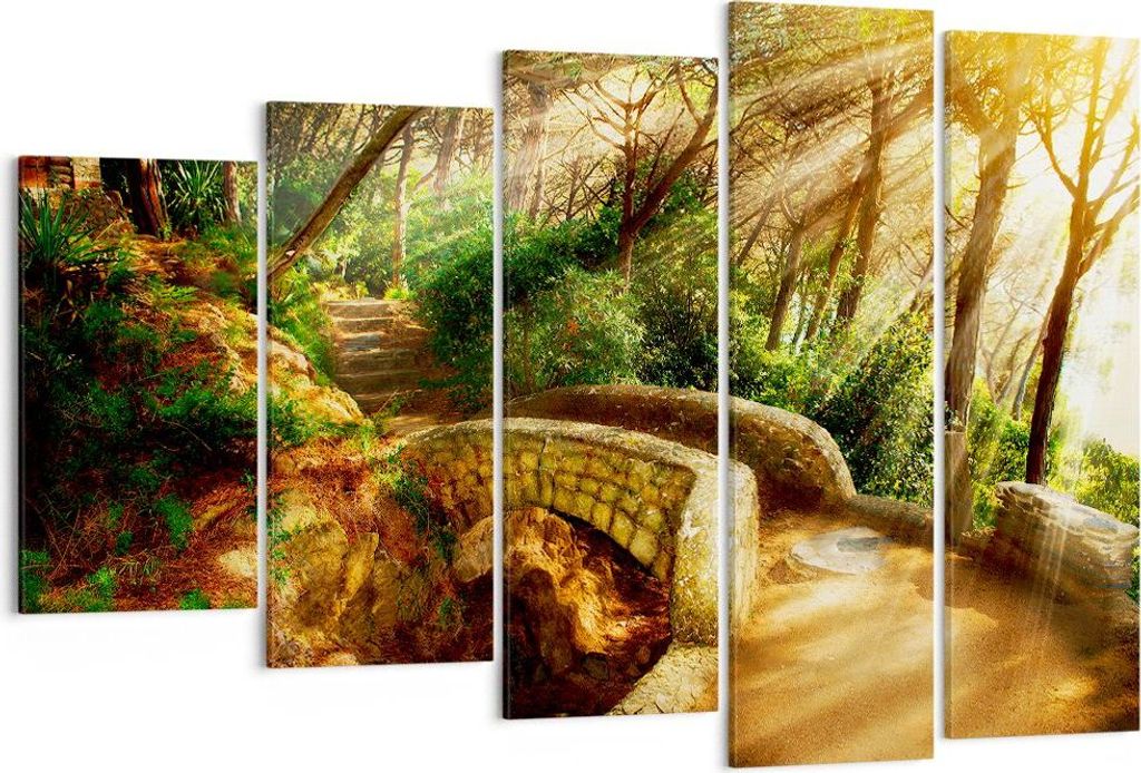 Bild auf Leinwand - Leinwandbild - Pfad Steinbrücke Wald Herbst - 150x100cm - Wand Bild - Wanddeko - Leinwanddruck - Bilder - Kunstdruck - Wanddek...