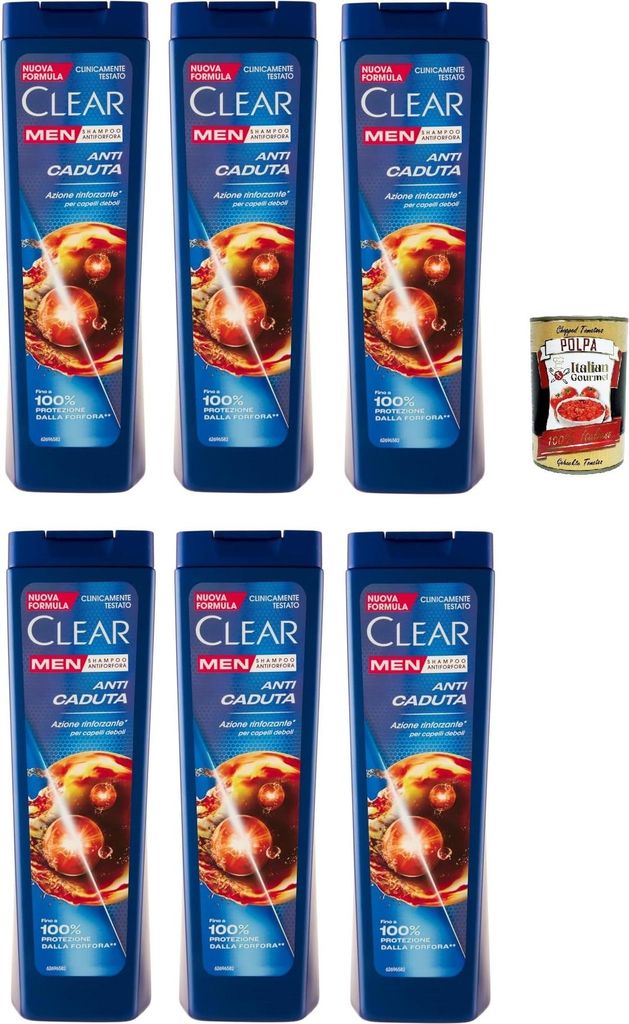 Clear ANTI CADUTA Men Shampoo für schwaches Haar - Shampoo Gegen Haarausfall 6x 225ml + Italian Gourmet polpa 400g