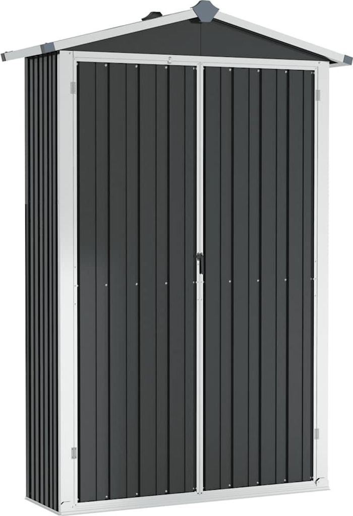 A dark gray metal shed with silver trim and double doors, presented against a white background.