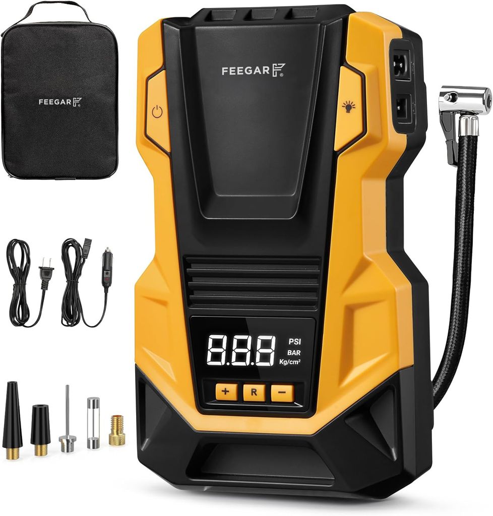 Feegar Kompressor Auto 12V DC/230V AC Duale Stromquellen,Metallzylinder, Hochdruck bis zu 10,3 bar, max. Luftdurchsatz von 36 L/min, Multifunktionaler