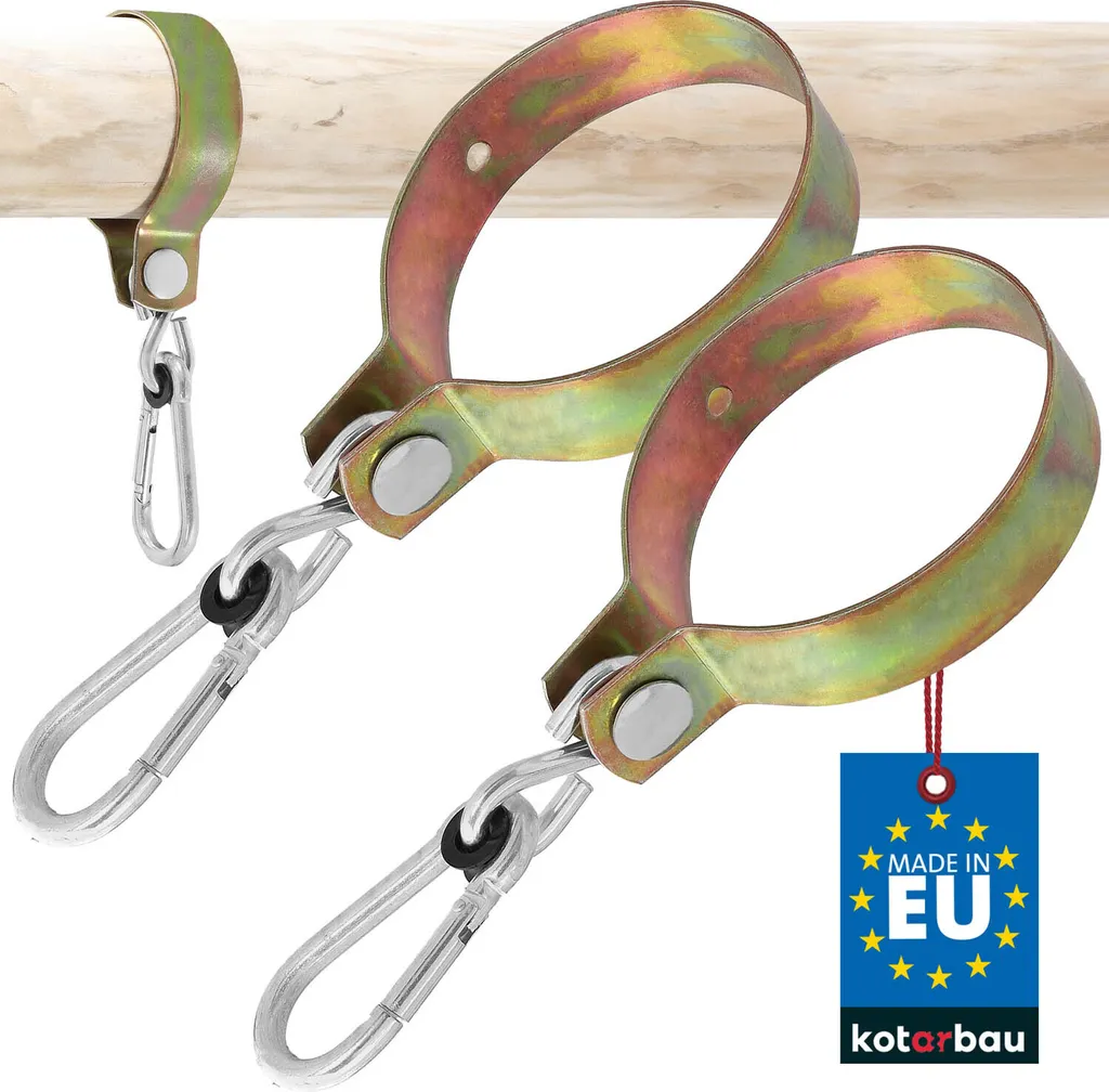 KOTARBAU set di 2 ganci per altalena con moschettoni 120 mm morsetto per altalena fissaggio per altalena in legno rotondo gancio per polsino oro zincato porta gancio per altalena
