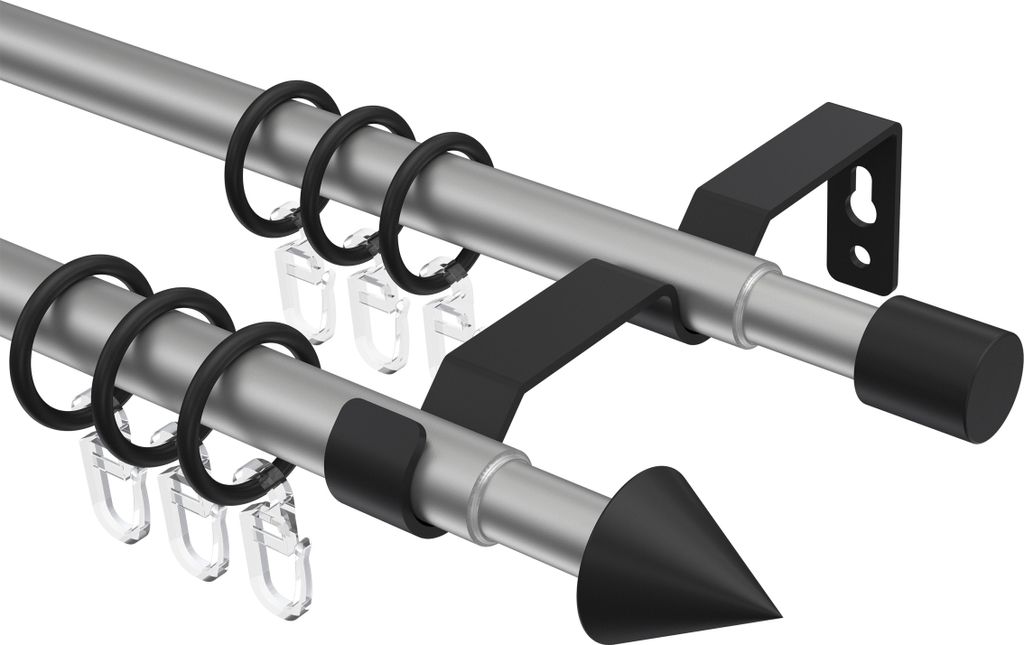 Interdeco Gardinenstange ausziehbar / Teleskop-Vorhangstange Silbergrau / Schwarz, Typ Hera Cone (Kegel), 16/13 mm Ø 2-läufig, 160-300 cm ausziehbar