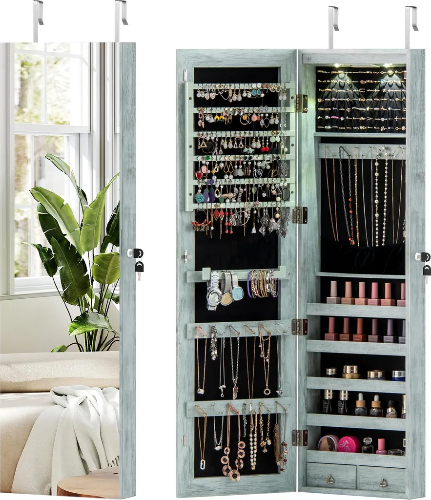 Meuble de rangement bijoux mural gain de place avec miroir et clés
