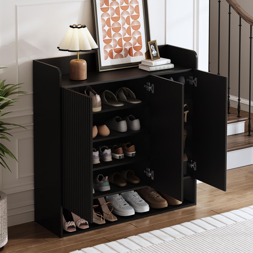 okwish Schuhschrank,Flurschrank mit Spiegel und Stauraum,Eingangsschrank,vertikal gestreifter Struktur,für Flur oder Diele,Schwarzer