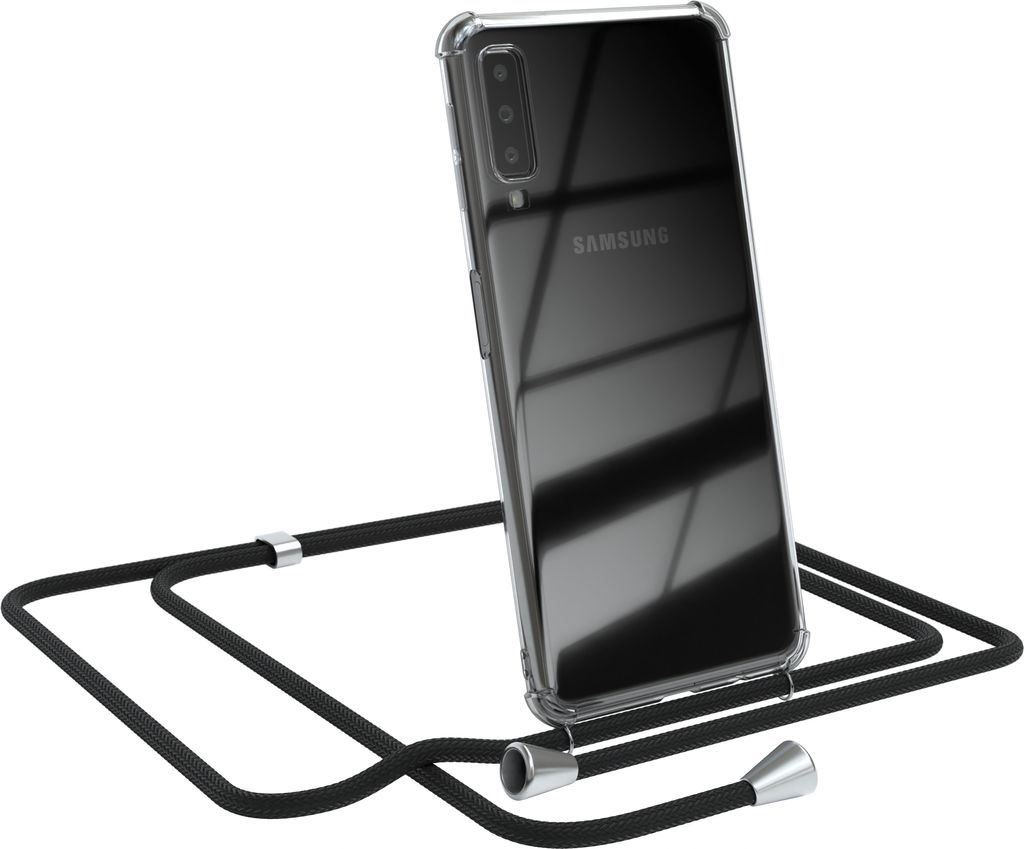 EAZY CASE Handykette kompatibel mit Samsung Galaxy A7 2018, Handyhülle mit Umhängeband, Handykordel, Schutzhülle Clear, Band in Schwarz