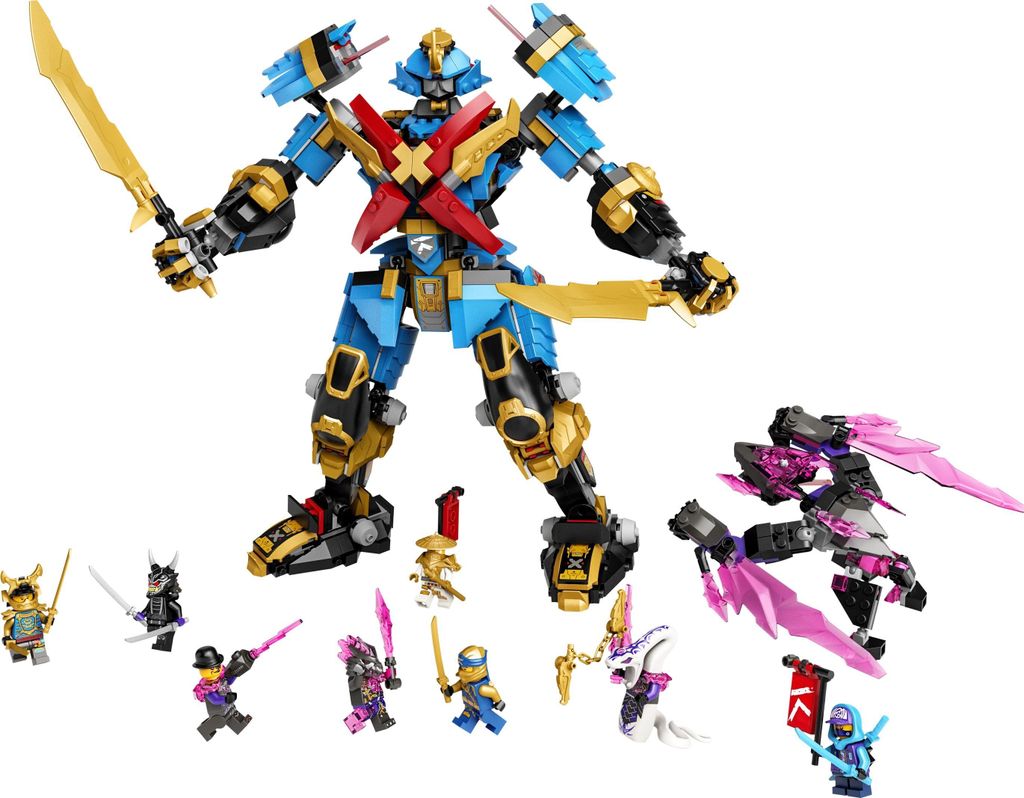 A collection of LEGO Ninjago action figures and mechs displayed against a white background.