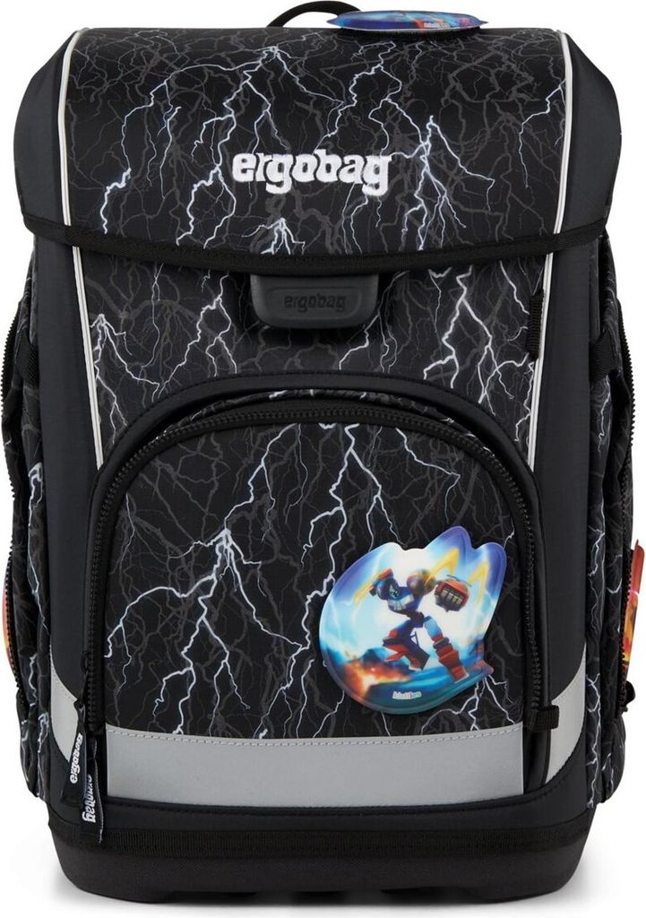 A black school backpack with a lightning bolt pattern and a character patch.