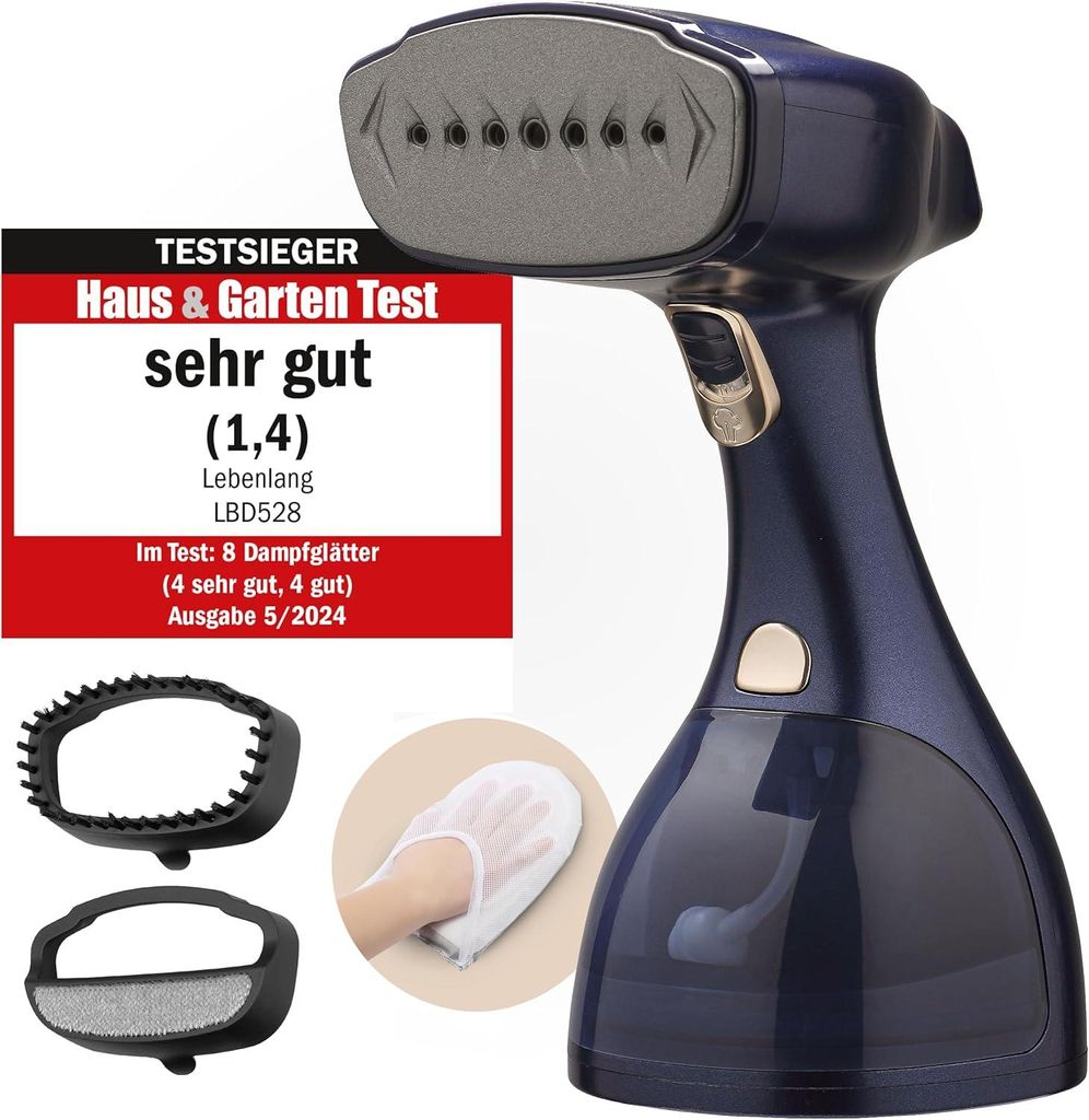 LEBENLANG Steamer Dampfglätter 1500W, 300ml Tank, , inkl. Bügelhandschuh & Aufsätze, Dampfbügeleisen für Kleidung, Gardinen & Hemden