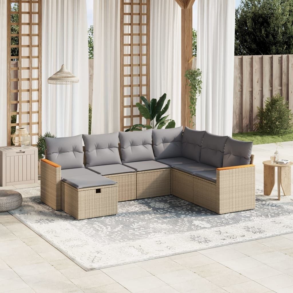 7-tlg. Garten-Sofagarnitur - mit Kissen Beige Poly Rattan - Gartenmöbelset 3265329