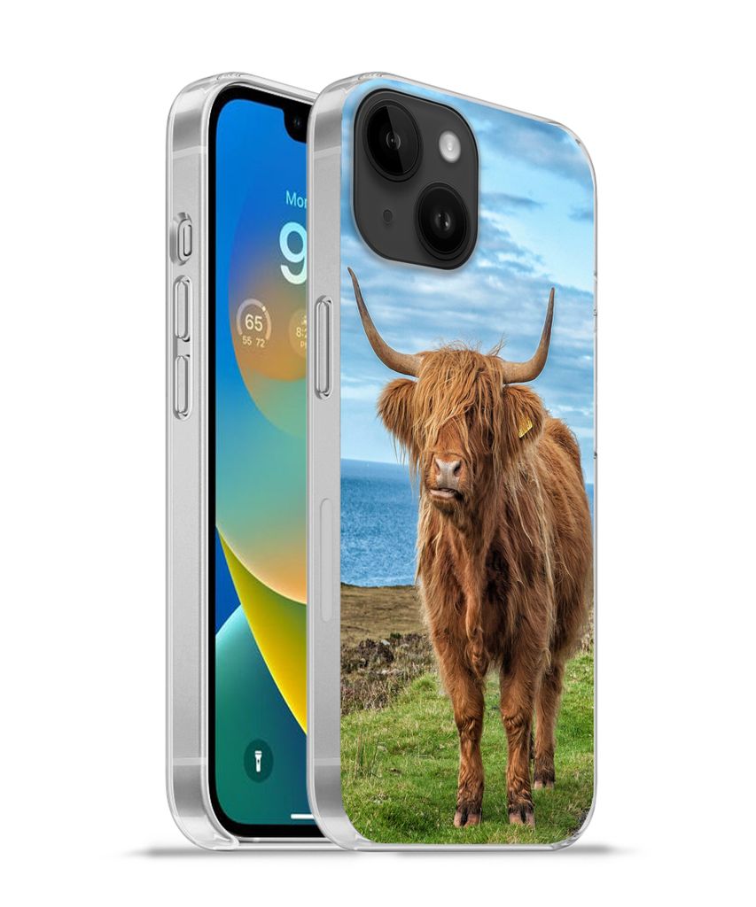 MuchoWow Handyhülle Schutzhülle Hülle für Apple iPhone 14 - Softcase Schottischer Highlander - Wasser - Hörner Silikon Softcase Handy Hülle...