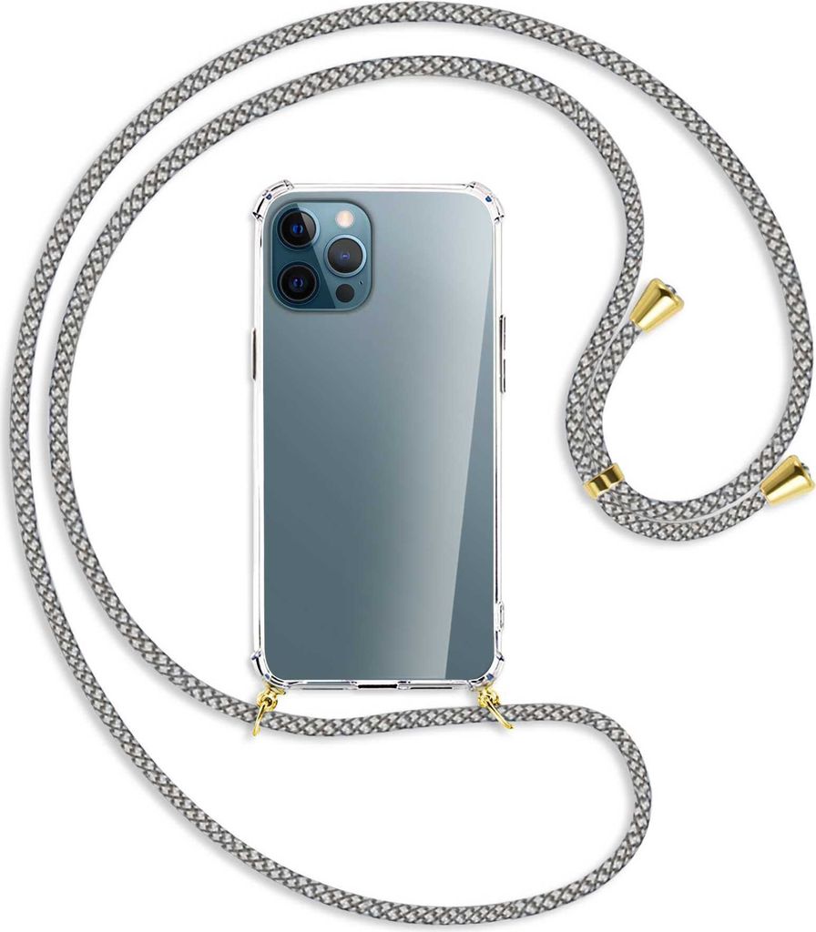 Handykette Backcover-Schutzhülle mit Band (Metall goldfarben) für Apple iPhone 12 Pro Max - weiß/grau kariert