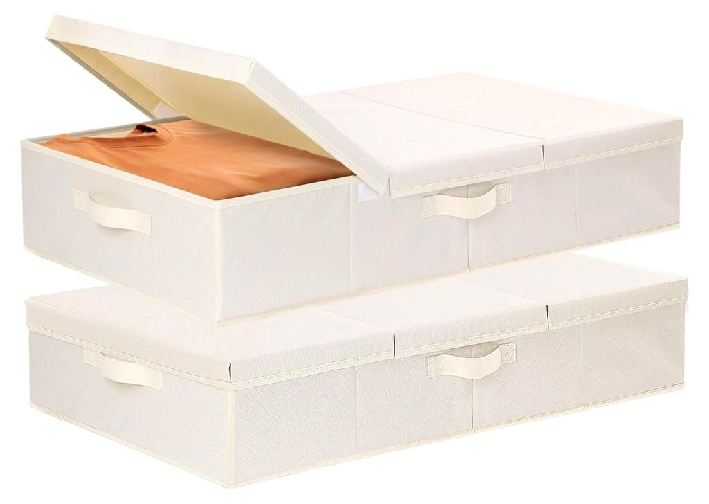 2 Stück Unterbettkommoden, Aufbewahrungsbox mit Deckel, Faltbare Aufbewahrungstasche, Stoffboxen für Decken, Kissen, Beige, 60x30x15cm