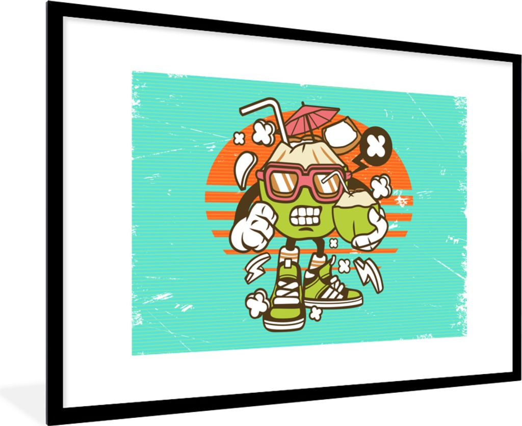 MuchoWow MuchoWow Gerahmtes Poster Kokosnuss - Sonnenbrille - Retro 90x60 cm - Poster mit zchwarzem Bilderrahmen - Wanddekoration - Fotos