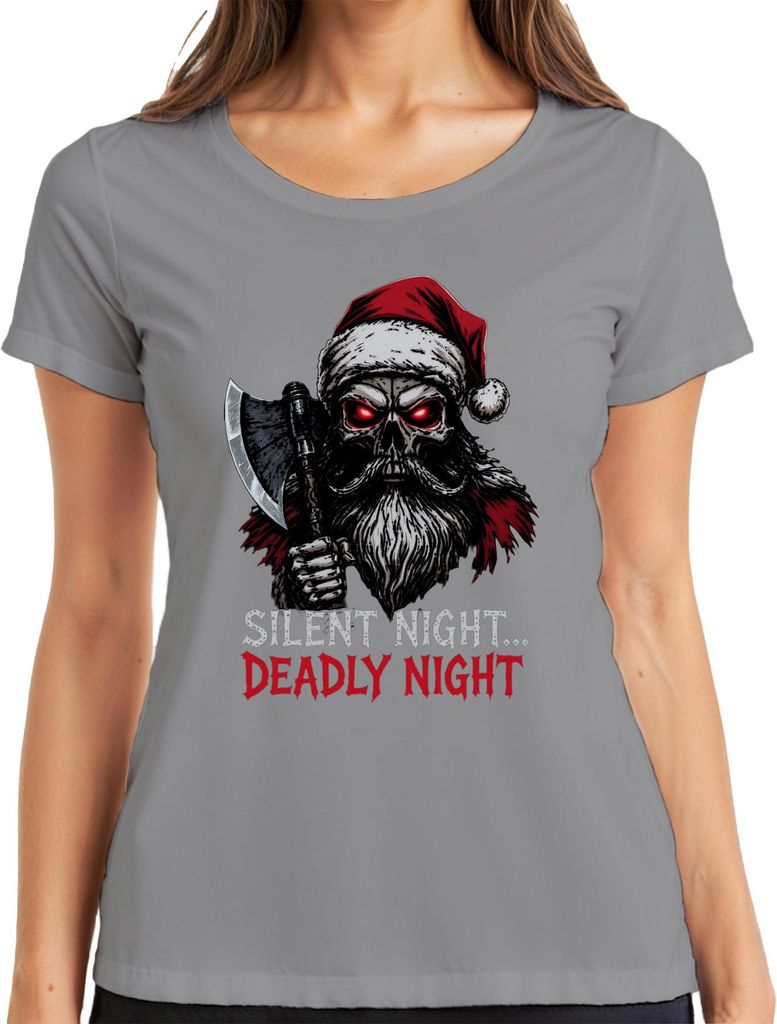 Silent Night Deadly Night Skelett Weihnachtsmann Axt Horror Damen T-Shirt, Grau, XXL