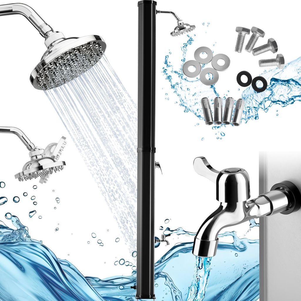 A collage of shower heads, a solar shower column, a faucet, and hardware, with water splashes.
