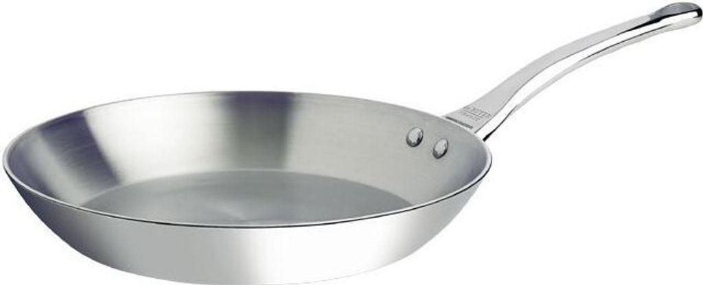 A stainless steel frying pan on a white background.