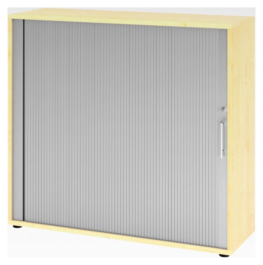 Abschließbarer Aktenschrank mit Rollladen für Ordner und mehr - Büroschrank aus Holz in Ahorn/Silber mit Relinggriff