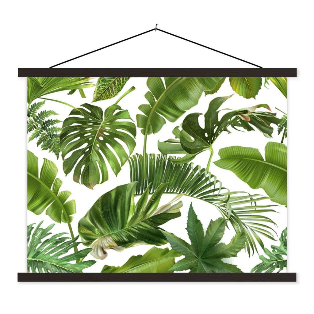 MuchoWow Textilposter Blätter - Weiß - Muster - Mädchen - Kinder - Jungen - Kinder 150x113 cm mit schwarzem Rahmen - Wohnzimmer
