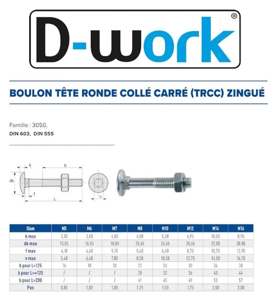 Boulons TRCC 7x30 mm zingué blanc DIN 603 collet carré anti-rotation x200