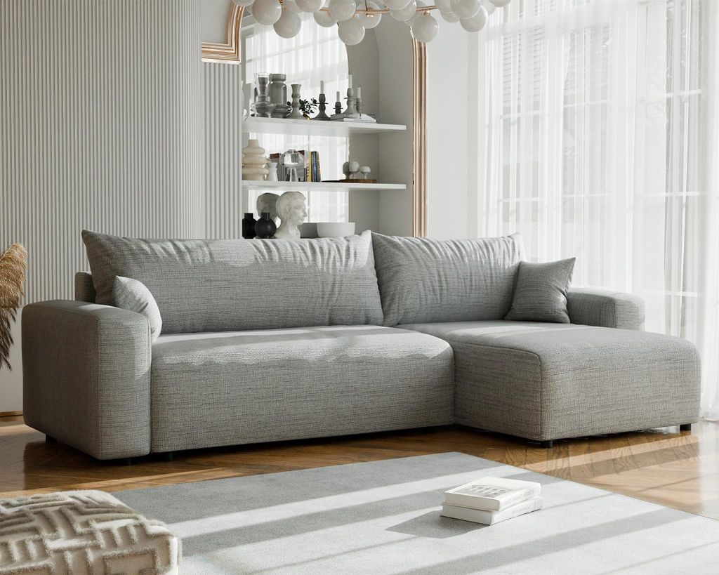 Ecksofa mit Schlaffunktion LUNA MAX in Stoff Baltimore Mausgrau Ottomane Rechts