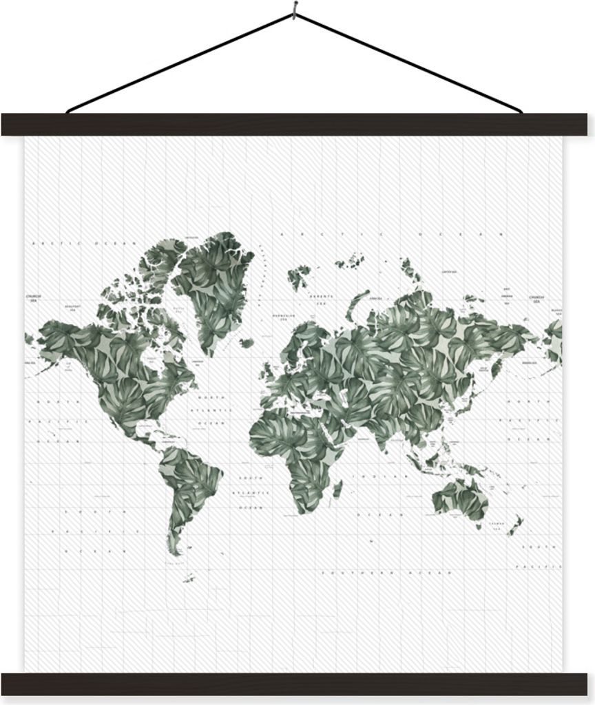 MuchoWow Textilposter Weltkarte - Grün - Blätter 60x60 cm mit schwarzem Rahmen - Posteraufhänger