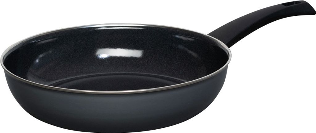 A dark grey frying pan with a black handle is shown against a white background.